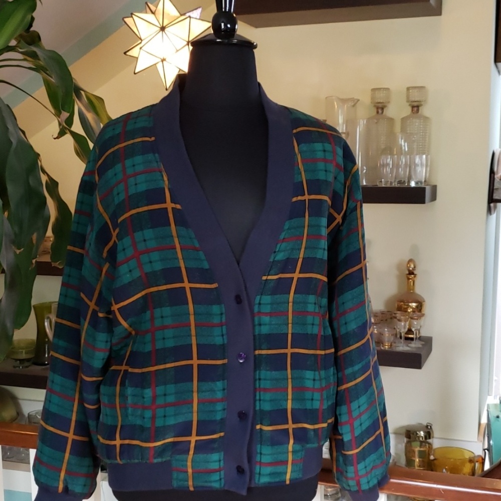 Vintage Diane Gilbert Embelleshed 1980's Silk Plaid Womans Jacket Green And Blue